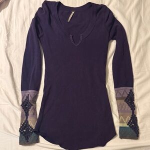 Free People Deep Purple Long Sleeve Top with Embroidered Cuffs